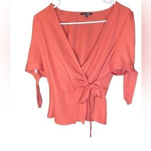 Blush pink v neck blouse with tie short sleeves size medium